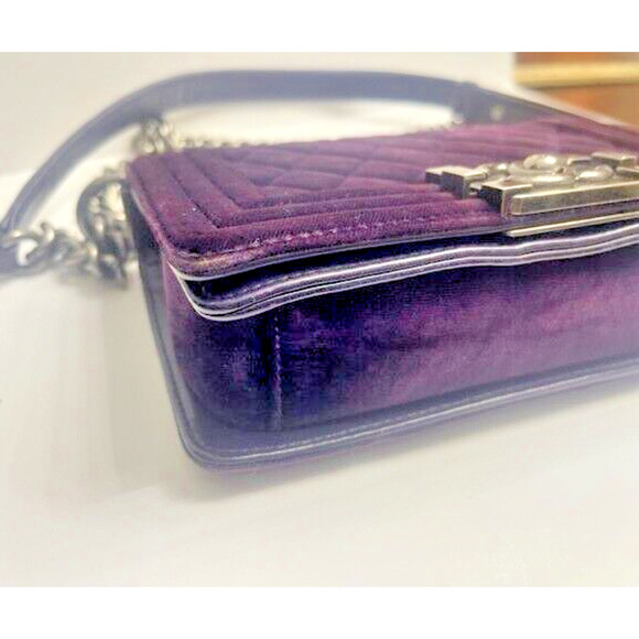 CHANEL LE BOY Purple Silver Chain Small Velvet Lambskin Shoulder Bag Crossbody - Picture 12 of 16